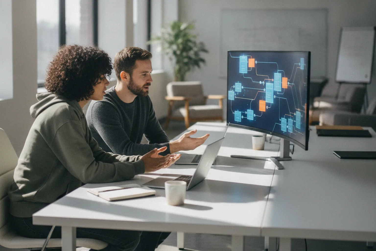 Two backend engineers discussing a service architecture diagram on a large curved monitor in a bright office