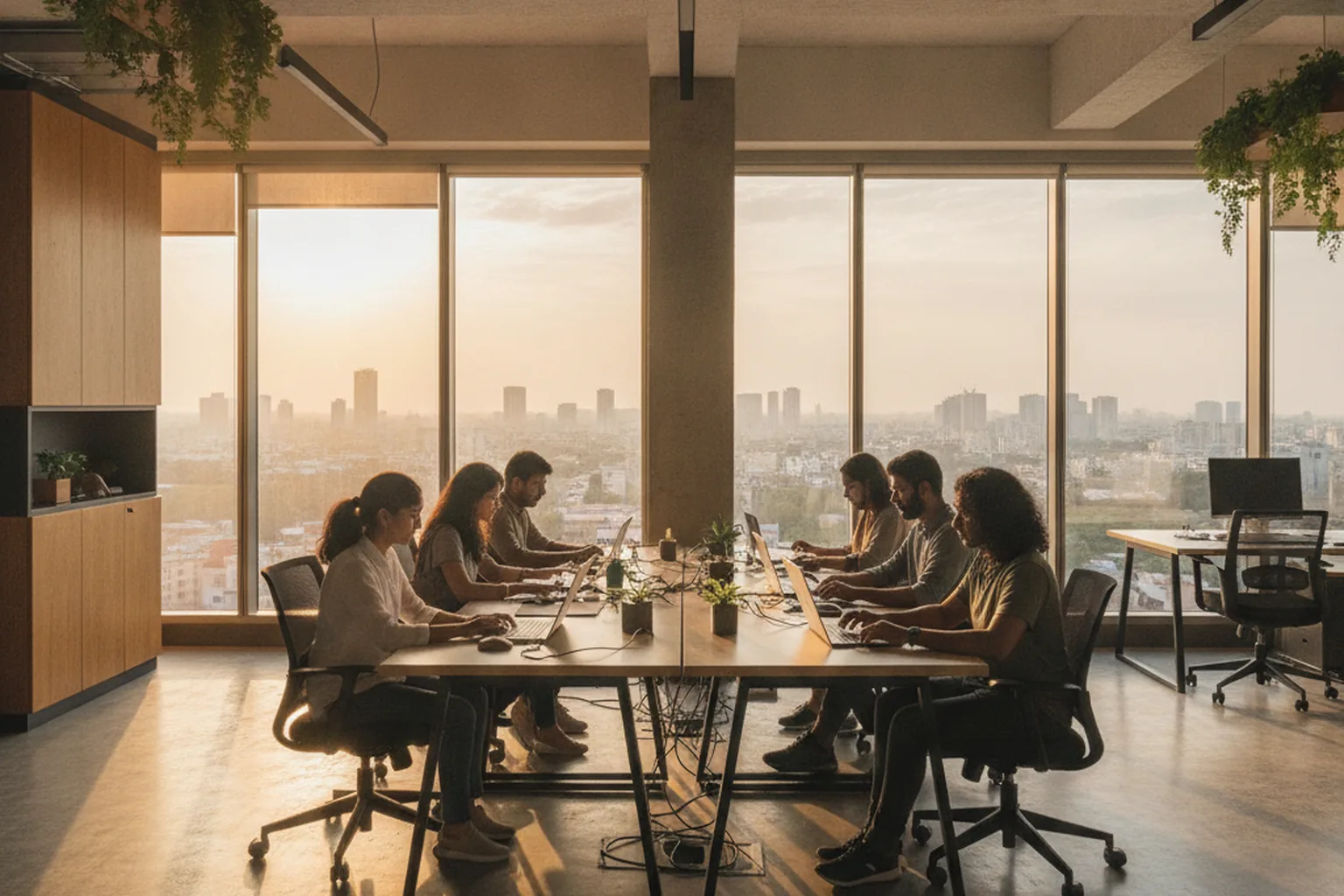 Software engineering team working in a Bengaluru office overlooking the city skyline