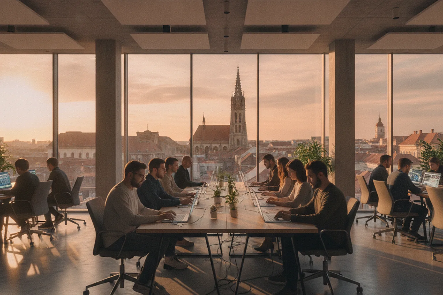 Software engineering team in a Cluj-Napoca office overlooking the old town at golden hour