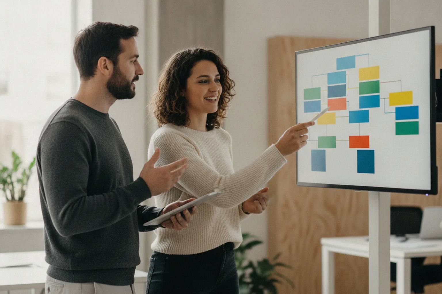 Two front-end engineers reviewing a modular interface layout made of component blocks on a large screen