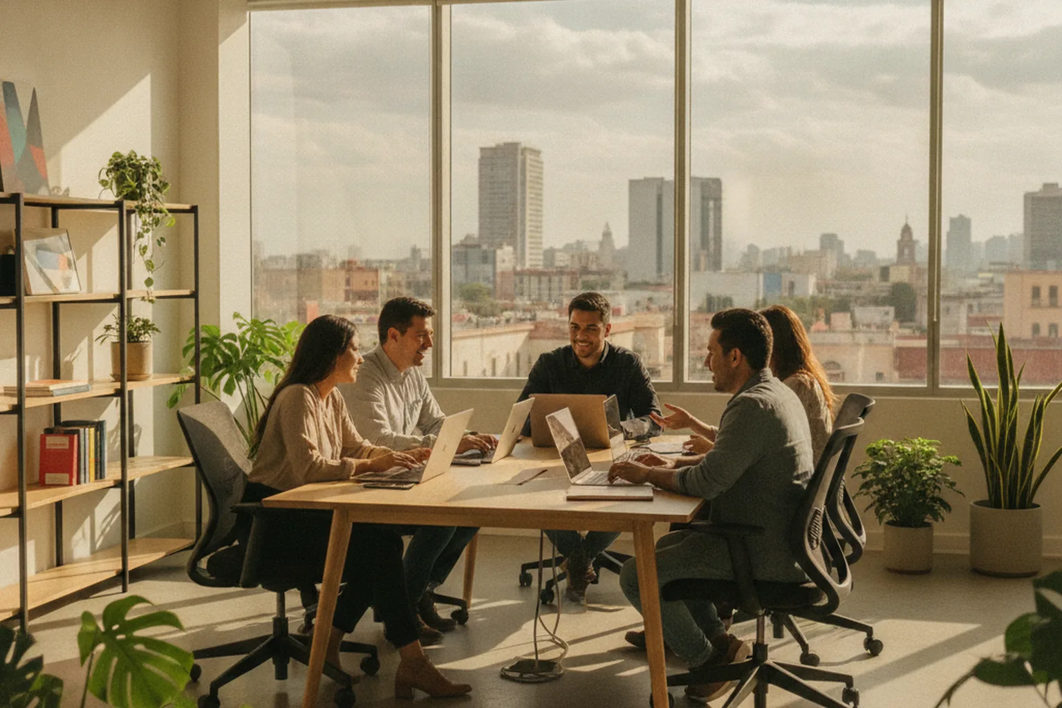 Software engineers collaborating in a Guadalajara office overlooking the city