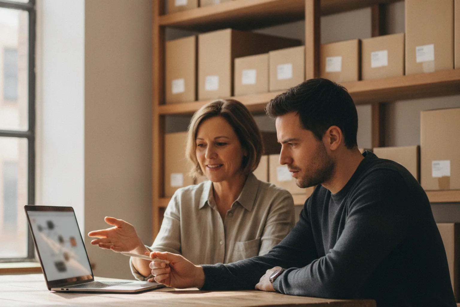 Small business owner and software consultant reviewing a workflow on a laptop in a stockroom office