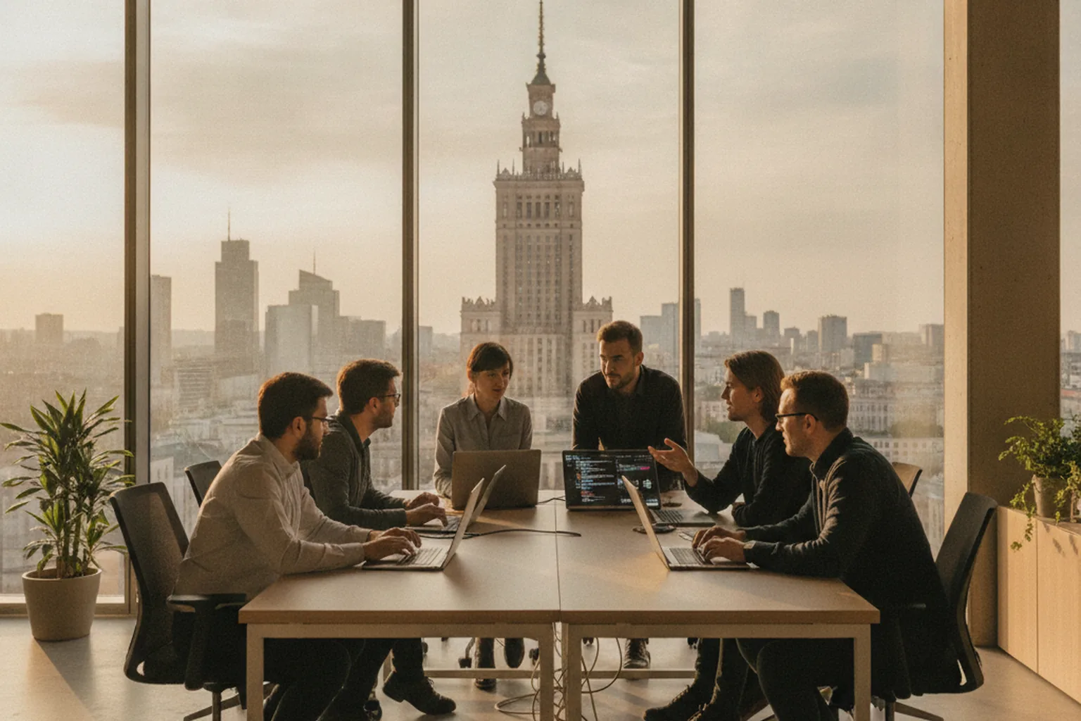 Software engineering team meeting in a Warsaw office overlooking the city skyline at golden hour