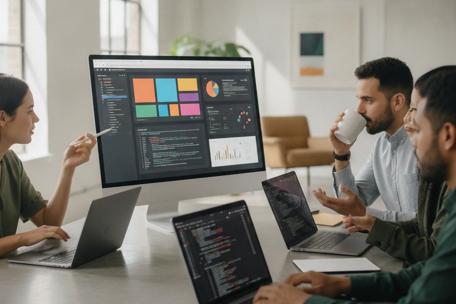 Product team reviewing browser-based application wireframes and a dashboard layout on a large monitor
